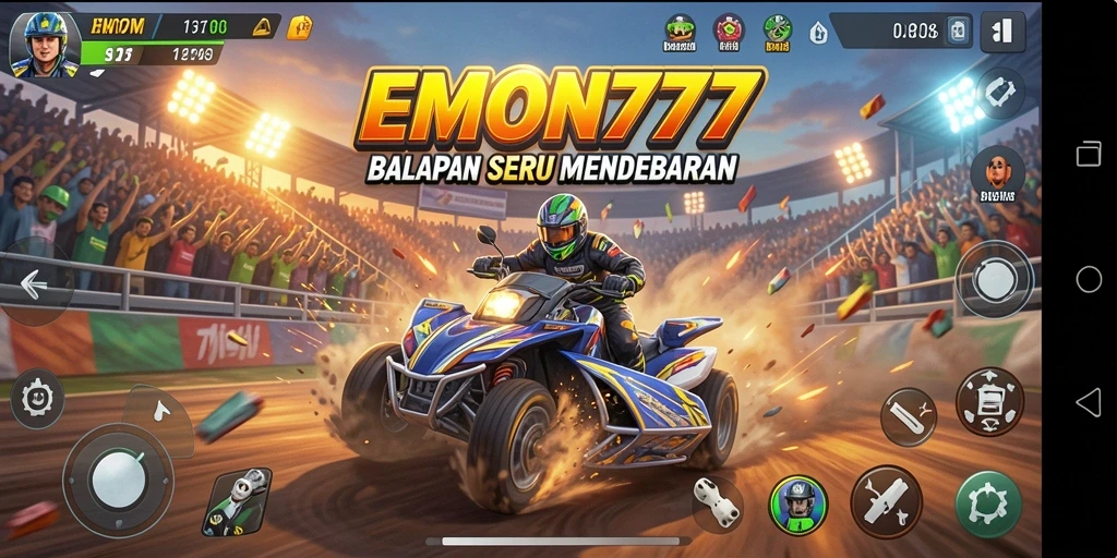 Tampilan gameplay EMON777 dengan mobil balap yang melaju cepat di trek menantang.