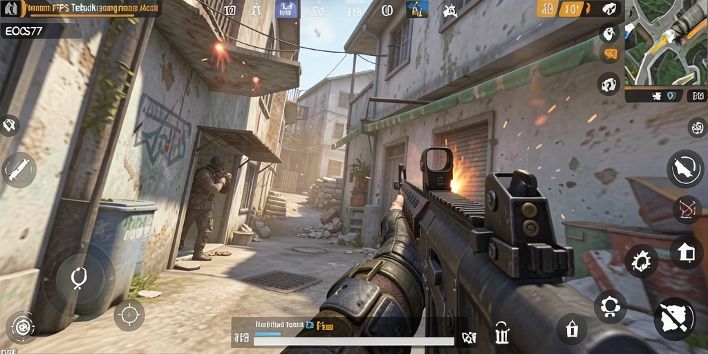 Screenshot utama menampilkan aksi seru dalam gameplay FPS EOS77.
