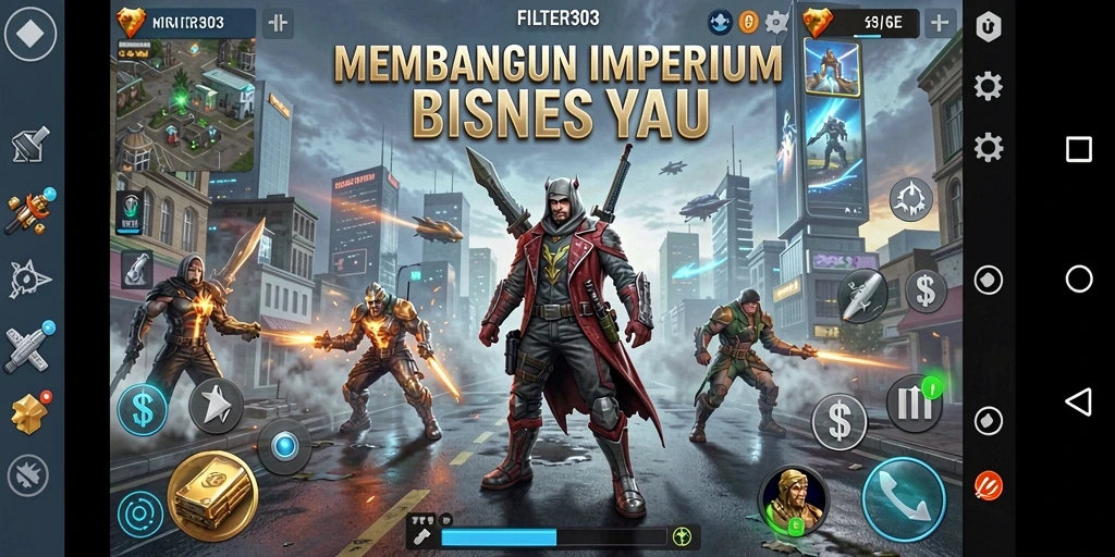 Tampilan gameplay FILTER303 dengan berbagai strategi bisnis yang menantang.