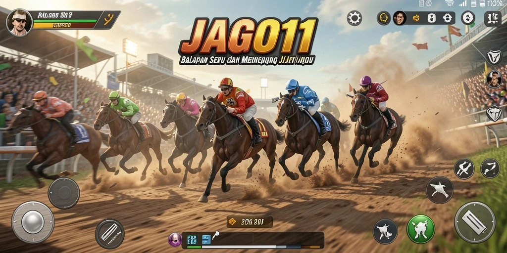 Gameplay JAGO11 dengan mobil balap cepat di trek yang menantang.