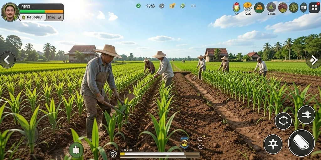 Screenshot gameplay RR33 menampilkan keindahan ladang yang hijau.