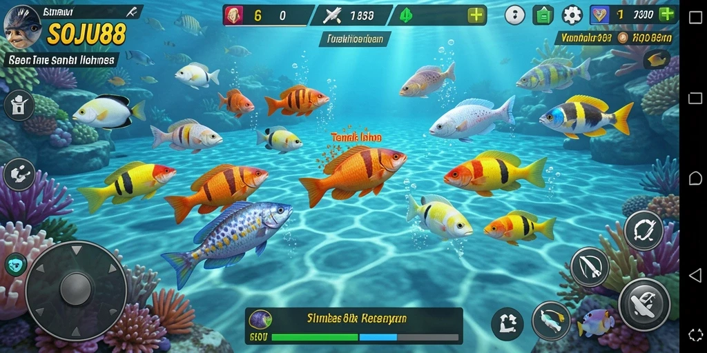 Gameplay seru dari SOJU88 saat menangkap ikan berwarna-warni.