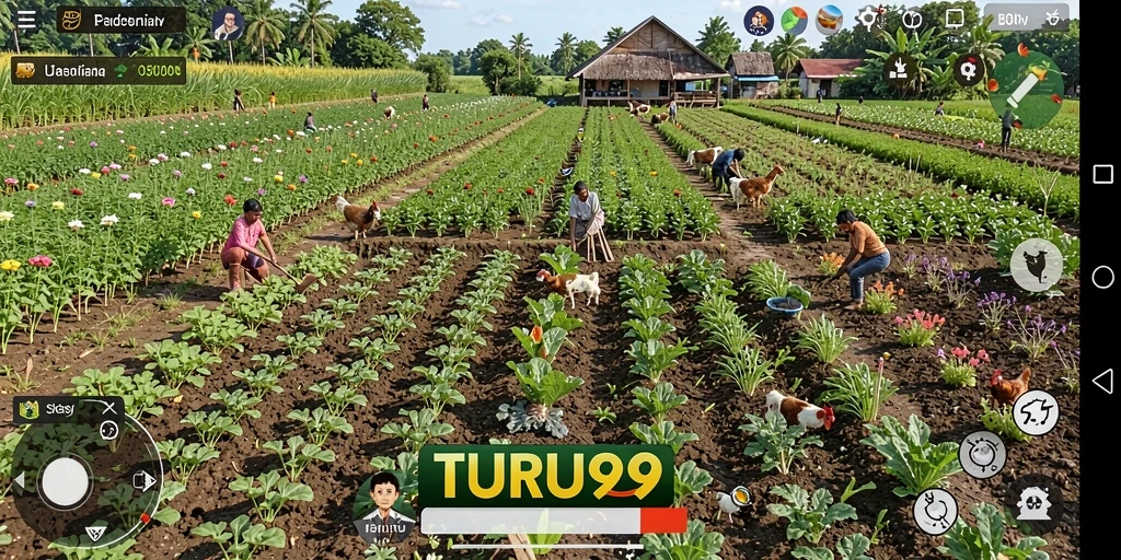 Tangkapan layar TURU99 menampilkan pertanian yang subur dan gameplay yang menarik.