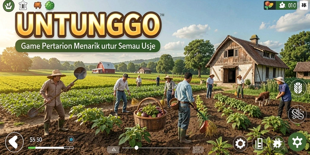 Tampilan gameplay UNTUNGGO yang menampilkan ladang pertanian yang luas.
